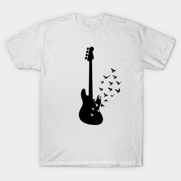 Bass Guitar Silhouette Turning Into Birds T-Shirt by nightsworthy